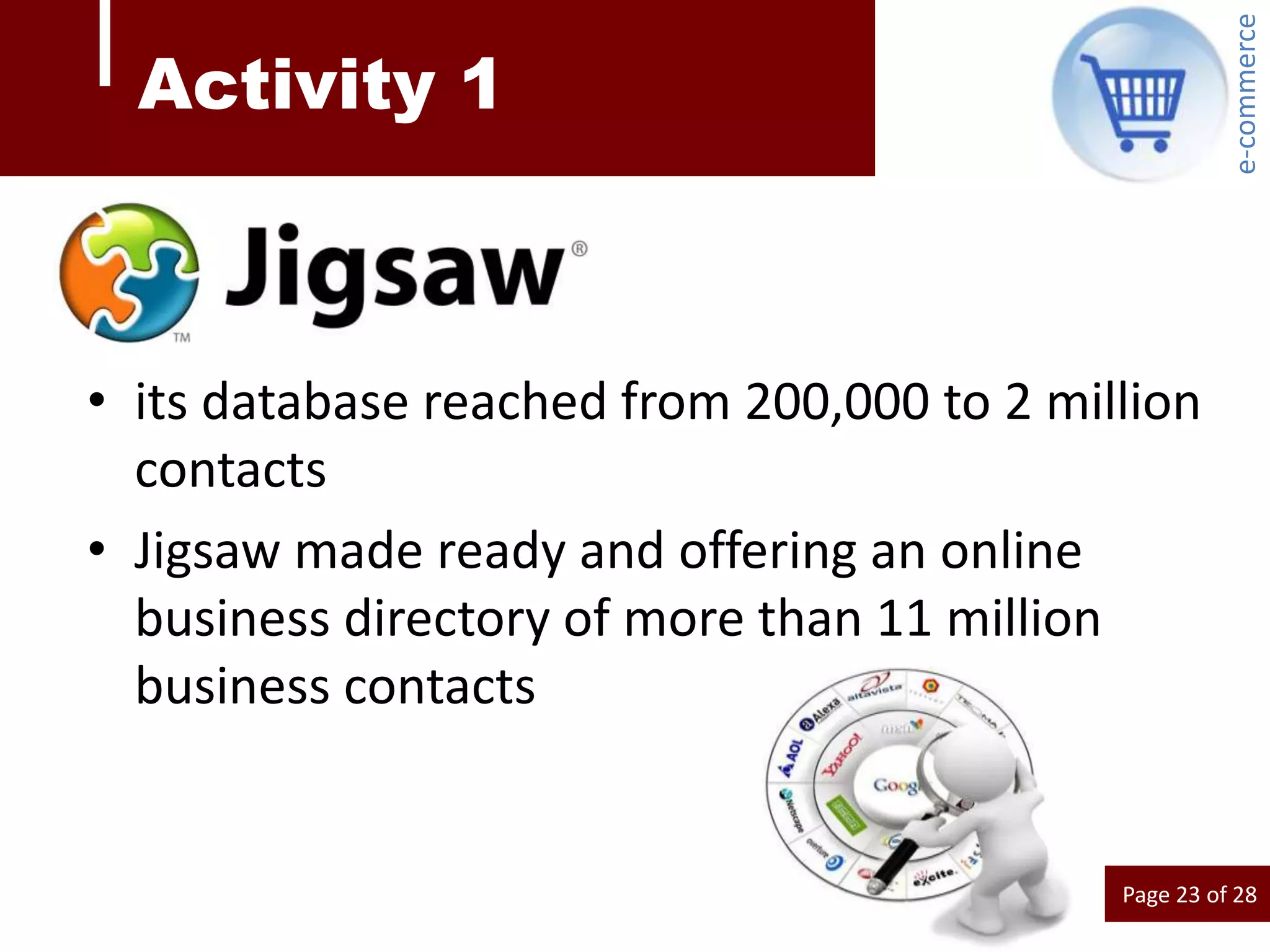 e-commerce
  Activity 1



• its database reached from 200,000 to 2 million
  contacts
• Jigsaw made ready and offering an online
  business directory of more than 11 million
  business contacts


                                            Page 23 of 28
 
