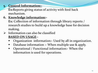 5. Control Information:-
   Ex:Reports giving status of activity with feed back
   mechanism.
6. Knowledge information:-
   Ex: Collection of information through library reports /
   research studies to build up a knowledge base for decision
   making.
 Information can also be classified
   BASED ON USAGE:-
    Organization information:- Used by all in organization.
    Database information :- When multiple use & apply.
    Operational / Functional information:- When the
       information is used for operations.




                                                                12
 