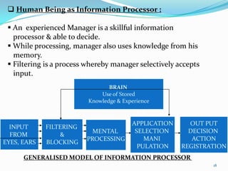  Human Being as Information Processor :

  An experienced Manager is a skillful information
   processor & able to decide.
  While processing, manager also uses knowledge from his
   memory.
  Filtering is a process whereby manager selectively accepts
   input.
                                 BRAIN
                              Use of Stored
                          Knowledge & Experience


                                         APPLICATION     OUT PUT
  INPUT      FILTERING
                           MENTAL         SELECTION      DECISION
  FROM           &
                         PROCESSING          MANI         ACTION
EYES, EARS   BLOCKING
                                           PULATION    REGISTRATION
      GENERALISED MODEL OF INFORMATION PROCESSOR
                                                                18
 
