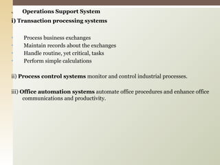 Operations Support System i) Transaction processing systems Process business exchanges Maintain records about the exchanges Handle routine, yet critical, tasks Perform simple calculations ii)  Process control systems  monitor and control industrial processes. iii)  Office automation systems  automate office procedures and enhance office communications and productivity. 