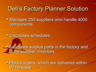 Dell’s Factory Planner Solution Manages 250 suppliers who handle 4000 components. Calculates schedules. Estimates surplus parts in the factory and in the supplier inventory. Places orders, which are delivered within 90 minutes! 