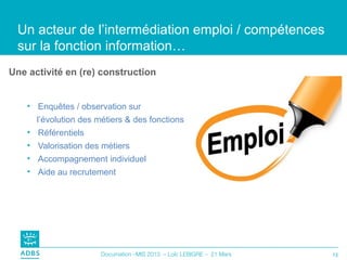 Un acteur de l’intermédiation emploi / compétences
 sur la fonction information…
Une activité en (re) construction


    • Enquêtes / observation sur
      l’évolution des métiers & des fonctions
    • Référentiels
    • Valorisation des métiers
    • Accompagnement individuel
    • Aide au recrutement




                       Documation –MIS 2013 – Loïc LEBIGRE – 21 Mars   13
 