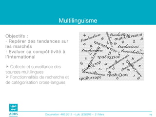 Multilinguisme

Objectifs :
- Repérer des tendances sur
les marchés
- Evaluer sa compétitivité à
l’international

 Collecte et surveillance des
sources multilingues
 Fonctionnalités de recherche et
de catégorisation cross-langues




                    Documation –MIS 2013 – Loïc LEBIGRE – 21 Mars   19
 