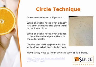 Circle Technique
Draw two circles on a flip chart.

Write on sticky notes what already
has been achieved and place them
in...