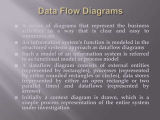 







A series of diagrams that represent the business
activities in a way that is clear and easy to
communicate
An information system's function is modeled in the
structured systems approach as dataflow diagrams
Such a model of an information system is referred
to as functional model or process model
A dataflow diagram consists of external entities
(represented by rectangles), processes (represented
by either rounded rectangles or circles), data stores
(represented by either an open rectangle or two
parallel lines) and dataflows (represented by
arrows)
Initially a context diagram is drawn, which is a
simple process representation of the entire system
under investigation

 