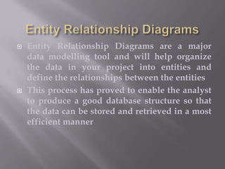



Entity Relationship Diagrams are a major
data modelling tool and will help organize
the data in your project into entities and
define the relationships between the entities
This process has proved to enable the analyst
to produce a good database structure so that
the data can be stored and retrieved in a most
efficient manner

 