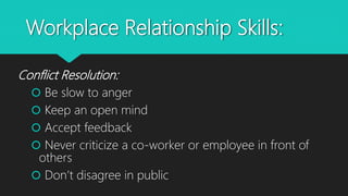 Workplace Relationship Skills:
Conflict Resolution:
 Be slow to anger
 Keep an open mind
 Accept feedback
 Never criticize a co-worker or employee in front of
others
 Don’t disagree in public
 