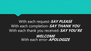 With each request-SAY PLEASE
With each completion-SAY THANK YOU
With each thank you received-SAY YOU’RE
WELCOME
With each error-APOLOGIZE
 