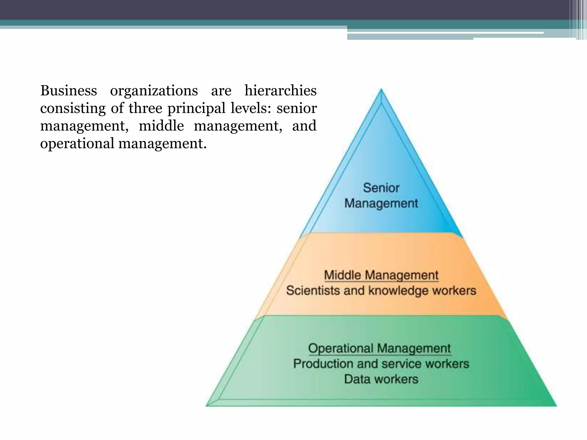 Business organizations are hierarchies
consisting of three principal levels: senior
management, middle management, and
operational management.
 