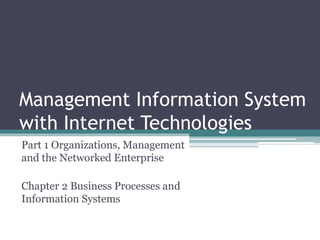 Management Information System
with Internet Technologies
Part 1 Organizations, Management
and the Networked Enterprise
Chapter 2 Business Processes and
Information Systems
 