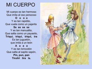 MI CUERPO Mi cuerpo es tan hermoso Que imita al oso perezoso O  o  o  o Y es tan rapidito,  Que vuela como un pajarito  Ss  ss  ss  ss Y es tan manualito, Que salta como un payasito, Triqui,  triqui,  triqui,  tra Es tan juguetón, que imita a un león A  a  a  a Y es tan brincotón Que salta al sapito sapón, Pin, pun, pan Tiruliri  lira  la. 