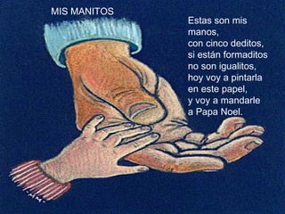 MIS MANITOS Estas son mis manos, con cinco deditos,  si están formaditos no son igualitos, hoy voy a pintarla en este papel, y voy a mandarle a Papa Noel. 