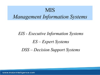 MIS Management Information Systems EIS - Executive Information Systems ES – Expert Systems DSS – Decision Support Systems 