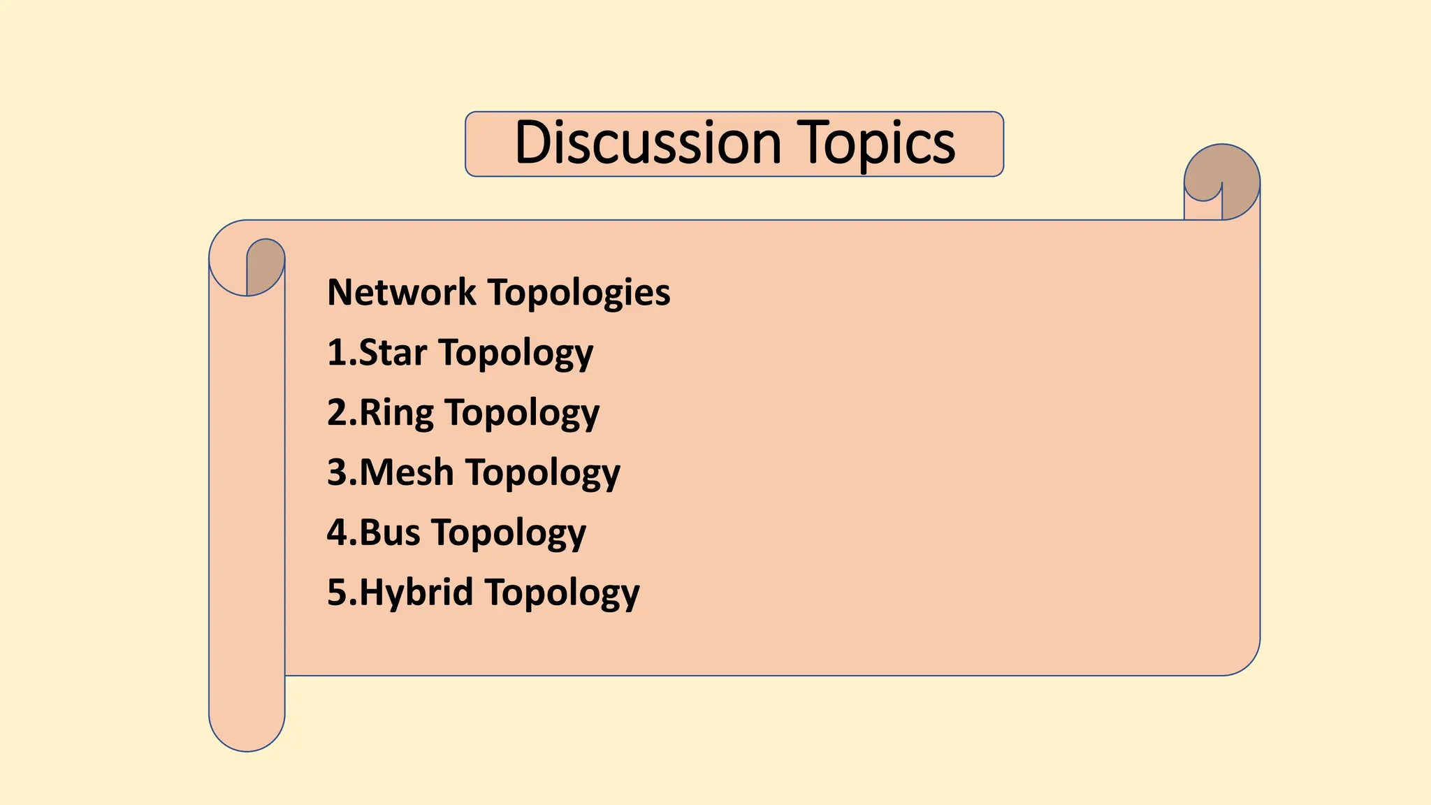 Discussion Topics
Network Topologies
1.Star Topology
2.Ring Topology
3.Mesh Topology
4.Bus Topology
5.Hybrid Topology
 