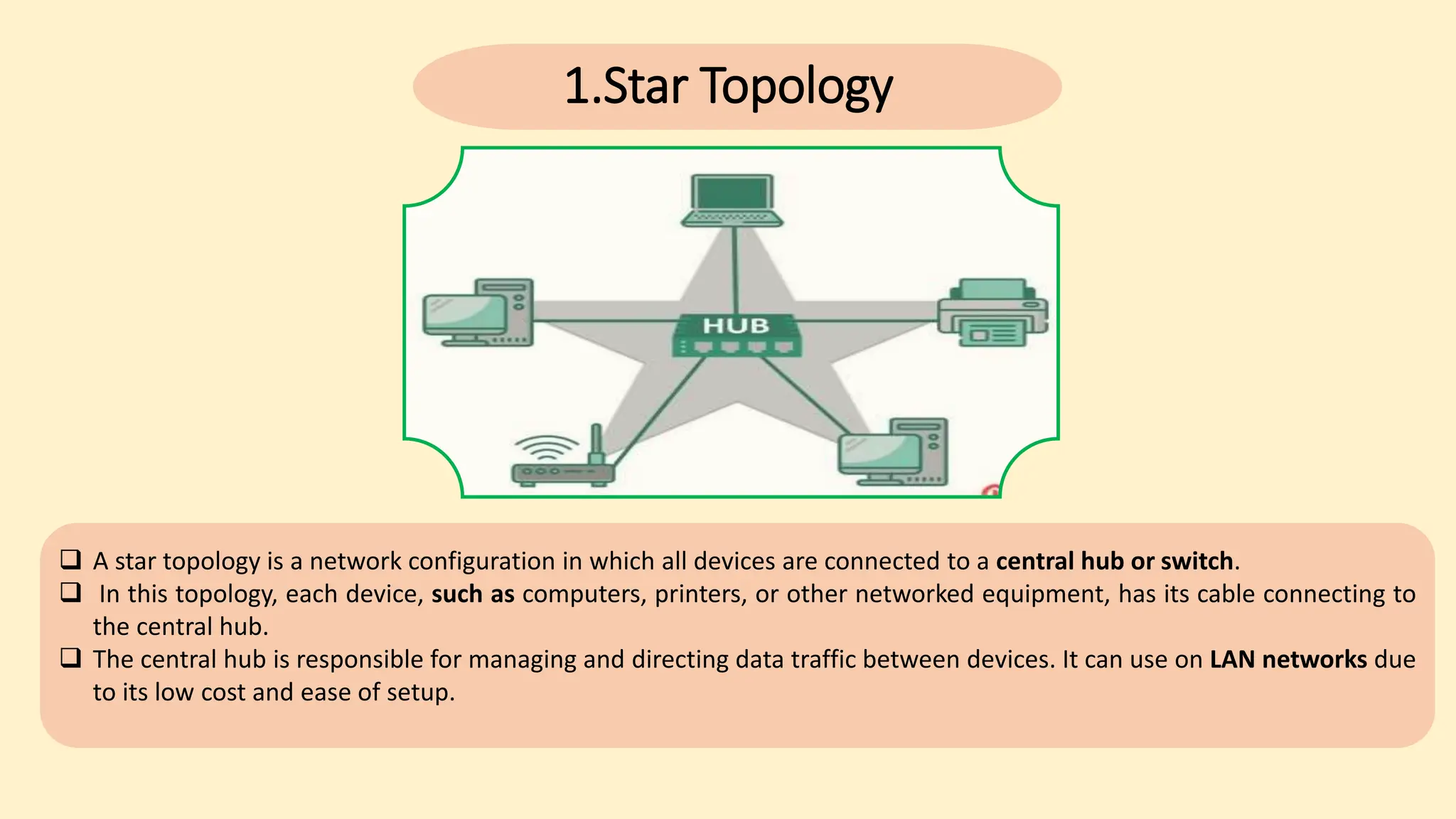 1.Star Topology
 A star topology is a network configuration in which all devices are connected to a central hub or switch.
 In this topology, each device, such as computers, printers, or other networked equipment, has its cable connecting to
the central hub.
 The central hub is responsible for managing and directing data traffic between devices. It can use on LAN networks due
to its low cost and ease of setup.
 