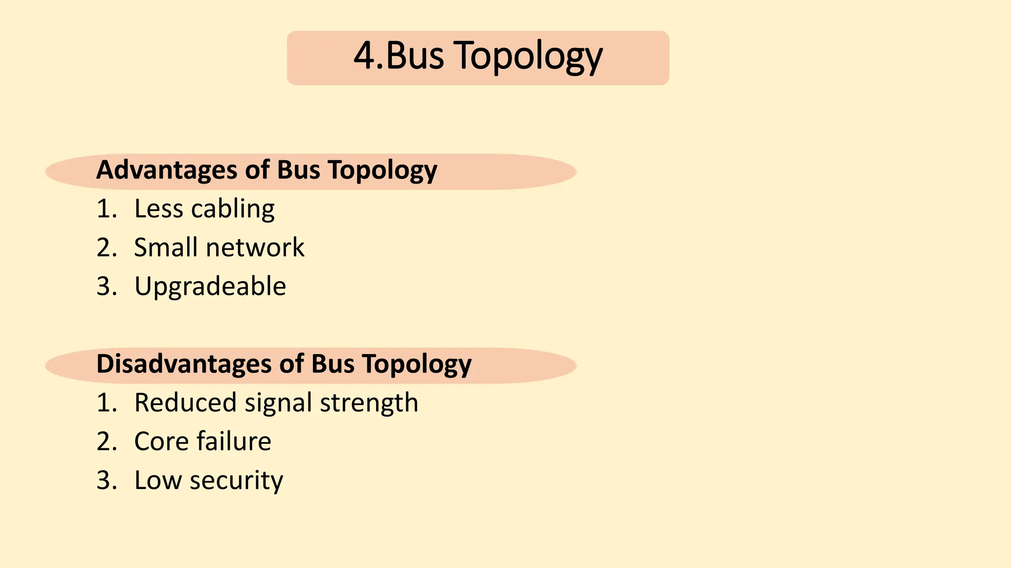 4.Bus Topology
Advantages of Bus Topology
1. Less cabling
2. Small network
3. Upgradeable
Disadvantages of Bus Topology
1. Reduced signal strength
2. Core failure
3. Low security
 