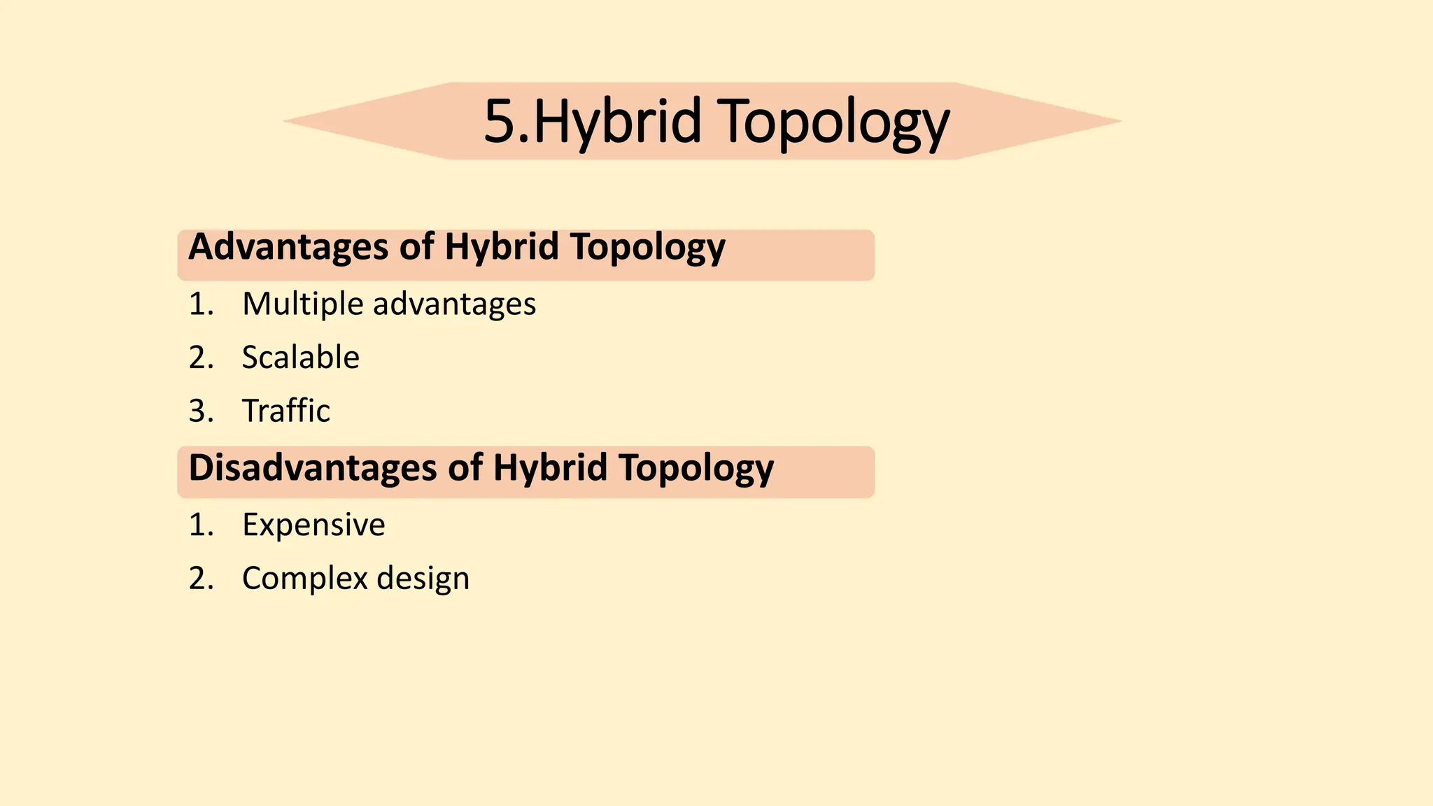 5.Hybrid Topology
Advantages of Hybrid Topology
1. Multiple advantages
2. Scalable
3. Traffic
Disadvantages of Hybrid Topology
1. Expensive
2. Complex design
 