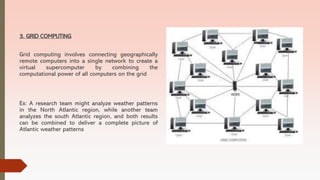 3. GRID COMPUTING
Grid computing involves connecting geographically
remote computers into a single network to create a
virtual supercomputer by combining the
computational power of all computers on the grid
Ex: A research team might analyze weather patterns
in the North Atlantic region, while another team
analyzes the south Atlantic region, and both results
can be combined to deliver a complete picture of
Atlantic weather patterns
 