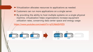  Virtualization allocates resources to applications as needed.
 Customers can run more applications on a single server.
 By providing the ability to host multiple systems on a single physical
machine, virtualization helps organizations increase equipment
utilization rates, conserving data center space and energy usage
https://www.youtube.com/watch?v=qYLNbbSrMZ0
 