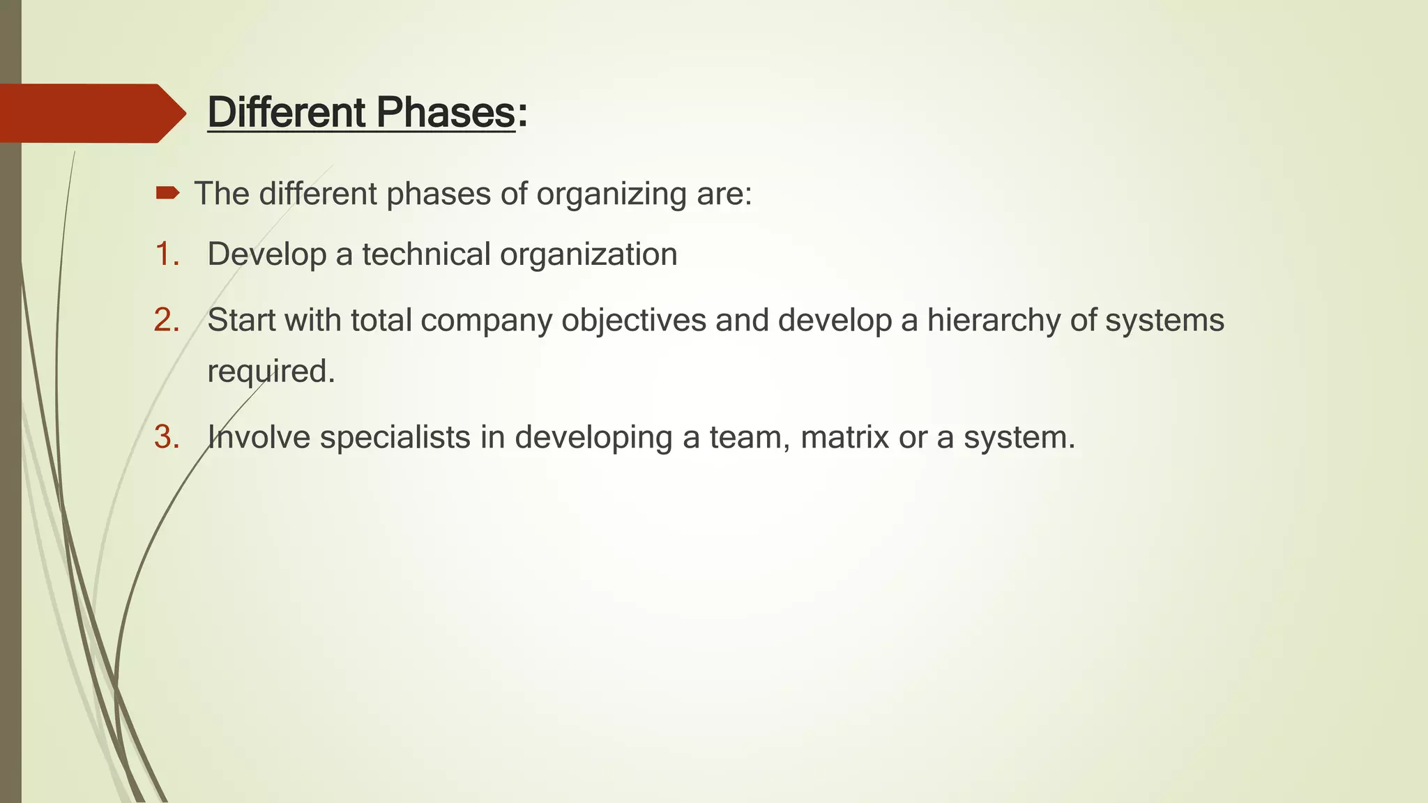 Different Phases:
 The different phases of organizing are:
1. Develop a technical organization
2. Start with total company objectives and develop a hierarchy of systems
required.
3. Involve specialists in developing a team, matrix or a system.
 