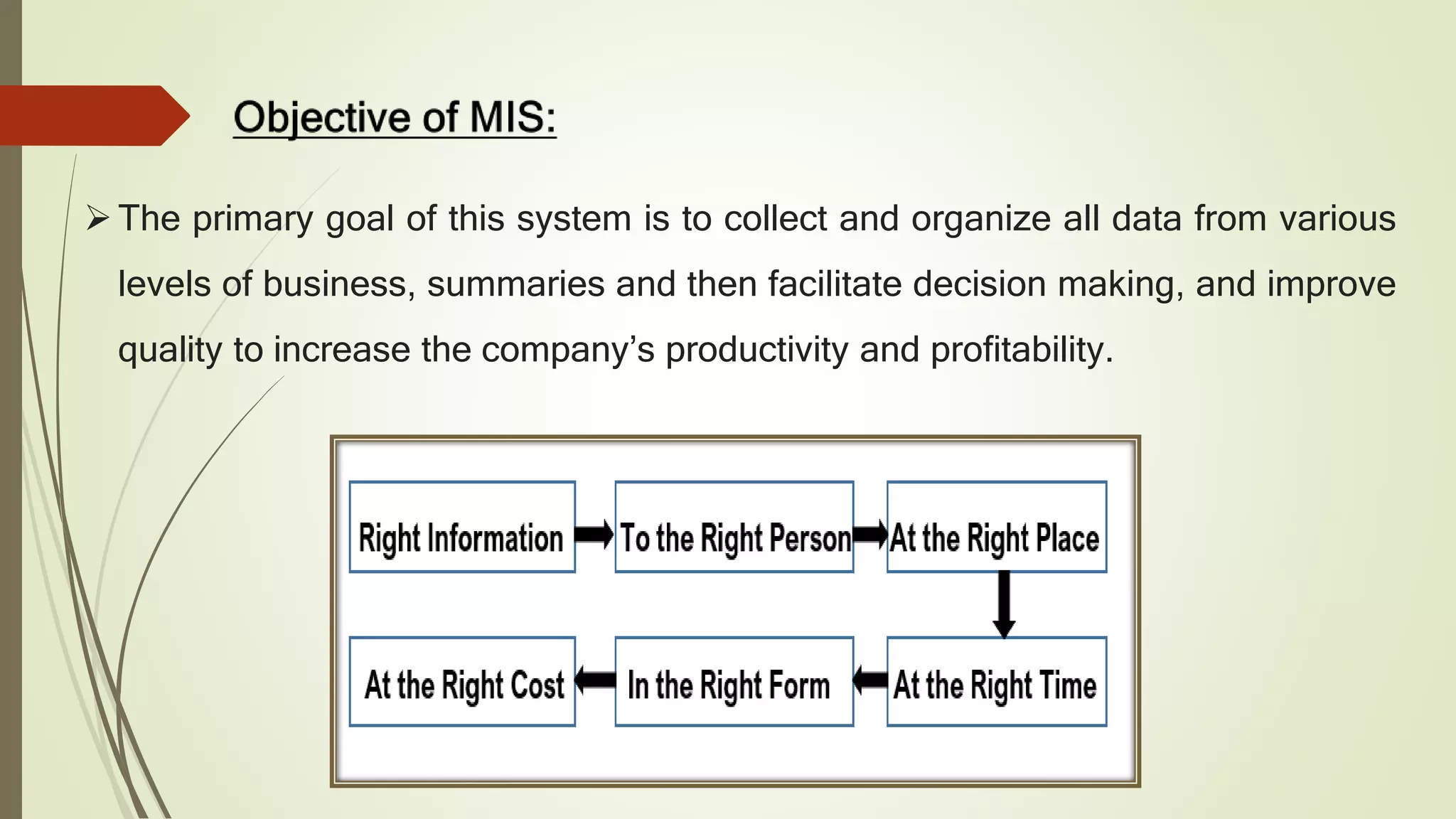 The primary goal of this system is to collect and organize all data from various
levels of business, summaries and then facilitate decision making, and improve
quality to increase the company’s productivity and profitability.
 
