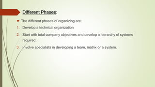 Different Phases:
 The different phases of organizing are:
1. Develop a technical organization
2. Start with total company objectives and develop a hierarchy of systems
required.
3. Involve specialists in developing a team, matrix or a system.
 