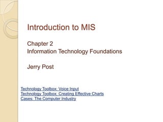 Introduction to MIS
   Chapter 2
   Information Technology Foundations

   Jerry Post


Technology Toolbox: Voice Input
Technology Toolbox: Creating Effective Charts
Cases: The Computer Industry
 