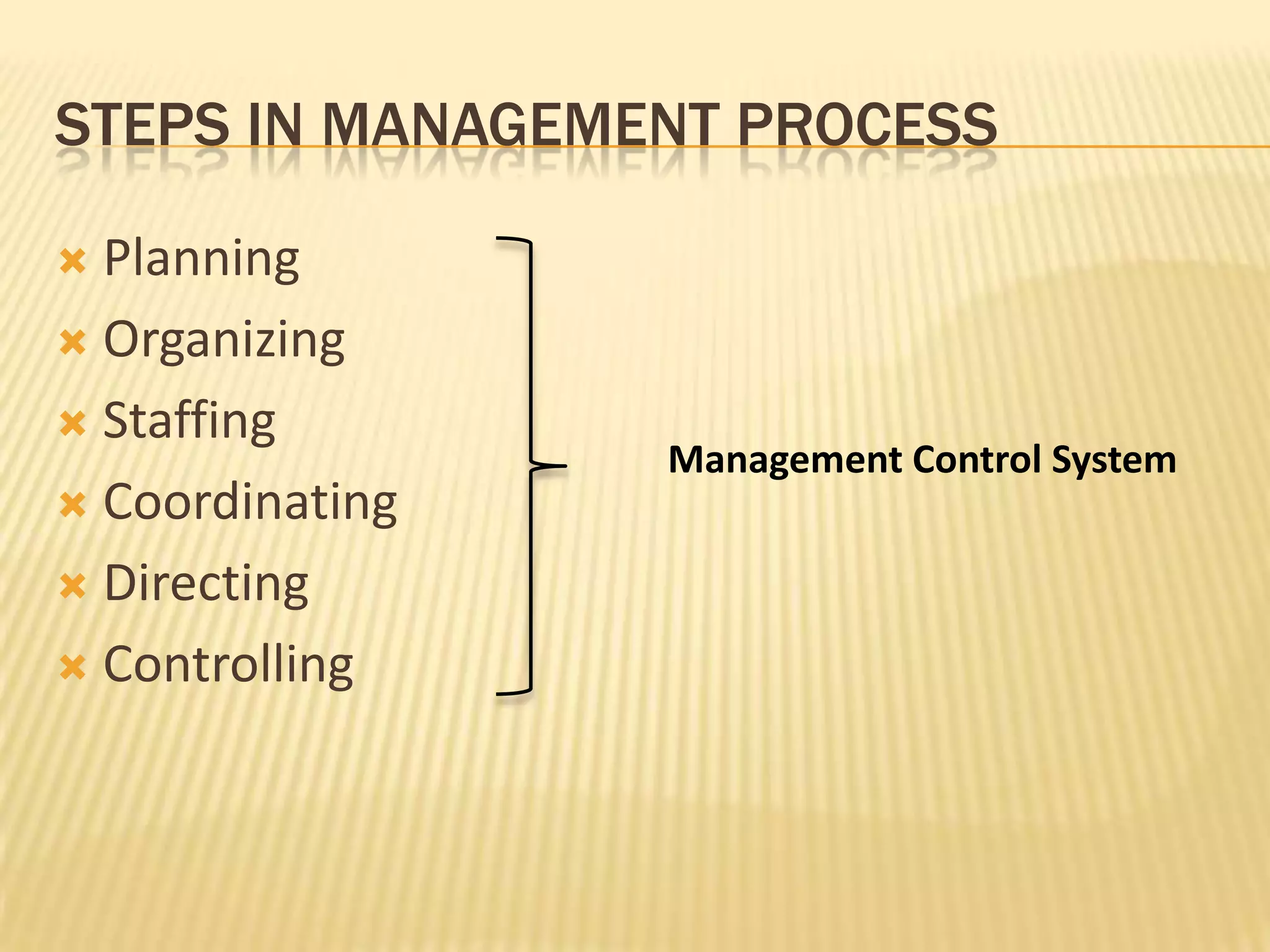 Steps in management processPlanningOrganizingStaffingCoordinatingDirectingControllingManagement Control System