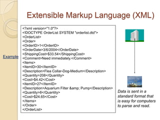 Extensible Markup Language (XML)
          <?xml version="1.0"?>
          <!DOCTYPE OrderList SYSTEM "orderlist.dtd">
          <OrderList>
          <Order>
          <OrderID>1</OrderID>
          <OrderDate>3/6/2004</OrderDate>
          <ShippingCost>$33.54</ShippingCost>
Example   <Comment>Need immediately.</Comment>
          <Items>
          <ItemID>30</ItemID>
          <Description>Flea Collar-Dog-Medium</Description>
          <Quantity>208</Quantity>
          <Cost>$4.42</Cost>
          <ItemID>27</ItemID>
          <Description>Aquarium Filter &amp; Pump</Description>
          <Quantity>8</Quantity>                                  Data is sent in a
          <Cost>$24.65</Cost>                                     standard format that
          </Items>                                                is easy for computers
          </Order>                                                to parse and read.
          </OrderList>
 