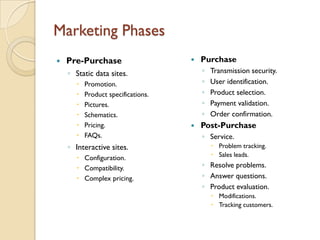 Marketing Phases
   Pre-Purchase                       Purchase
    ◦ Static data sites.                ◦   Transmission security.
         Promotion.                    ◦   User identification.
         Product specifications.       ◦   Product selection.
         Pictures.                     ◦   Payment validation.
         Schematics.                   ◦   Order confirmation.
         Pricing.                     Post-Purchase
         FAQs.                         ◦ Service.
    ◦ Interactive sites.                     Problem tracking.
       Configuration.                       Sales leads.

       Compatibility.                  ◦ Resolve problems.
       Complex pricing.                ◦ Answer questions.
                                        ◦ Product evaluation.
                                             Modifications.
                                             Tracking customers.
 