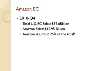 Amazon EC
   2010-Q4
    ◦ Total U.S. EC Sales: $52.6Billion
    ◦ Amazon Sales: $12.95 Billion
    ◦ Amazon is almost 25% of the total!
 