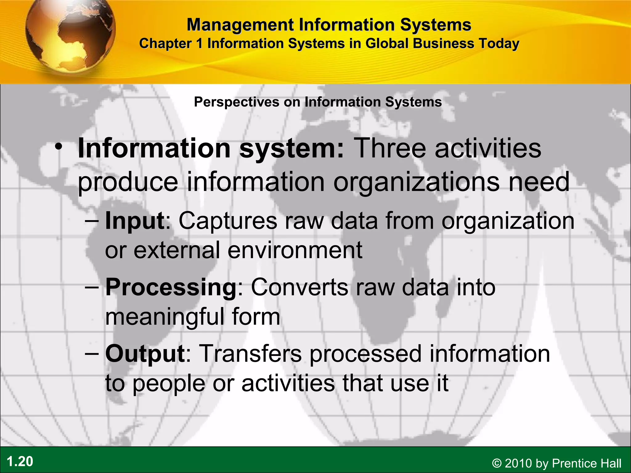 1.20 © 2010 by Prentice Hall
• Information system: Three activities
produce information organizations need
– Input: Captures raw data from organization
or external environment
– Processing: Converts raw data into
meaningful form
– Output: Transfers processed information
to people or activities that use it
Perspectives on Information Systems
Management Information SystemsManagement Information Systems
Chapter 1 Information Systems in Global Business TodayChapter 1 Information Systems in Global Business Today
 