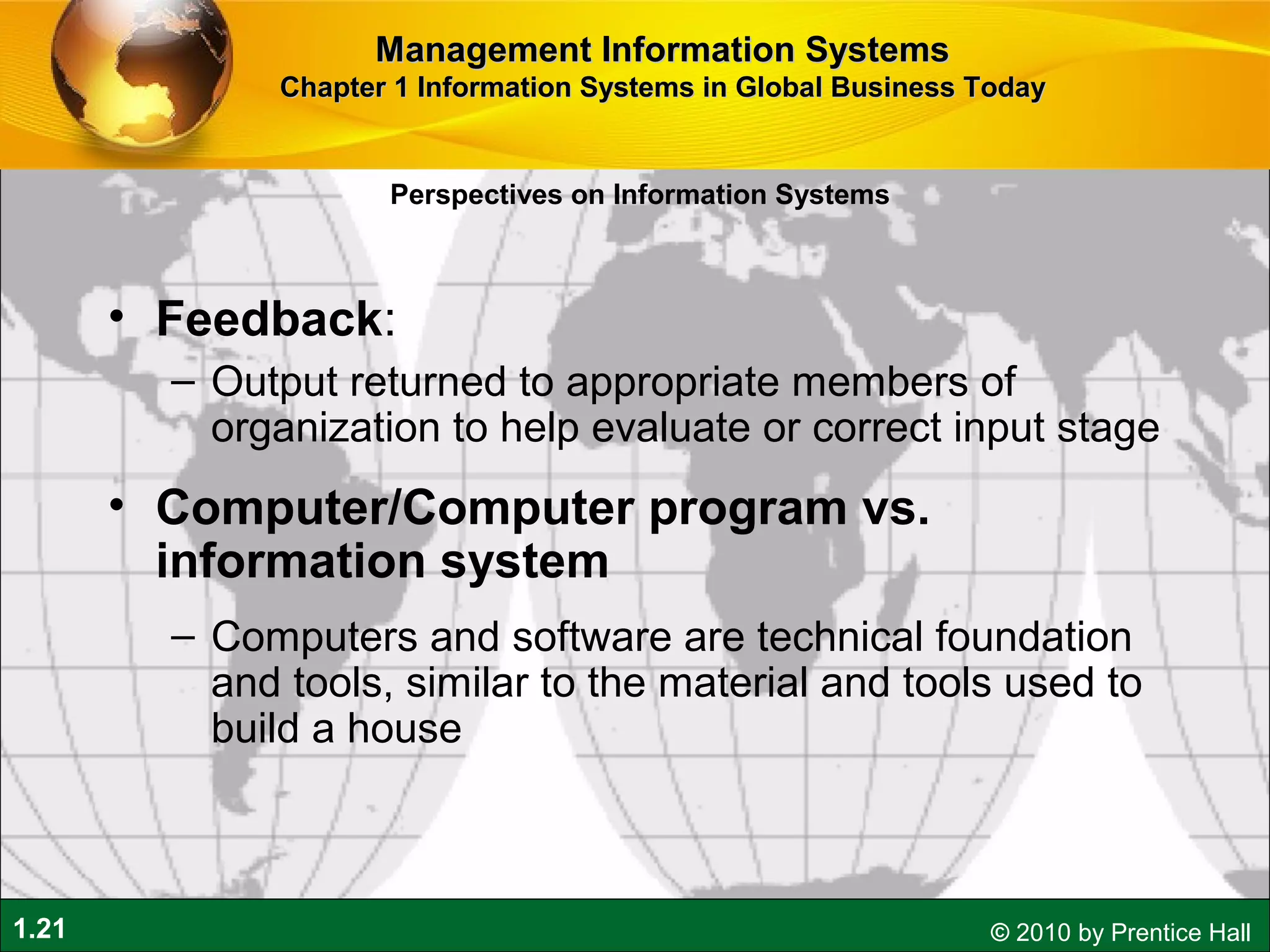 1.21 © 2010 by Prentice Hall
• Feedback:
– Output returned to appropriate members of
organization to help evaluate or correct input stage
• Computer/Computer program vs.
information system
– Computers and software are technical foundation
and tools, similar to the material and tools used to
build a house
Perspectives on Information Systems
Management Information SystemsManagement Information Systems
Chapter 1 Information Systems in Global Business TodayChapter 1 Information Systems in Global Business Today
 