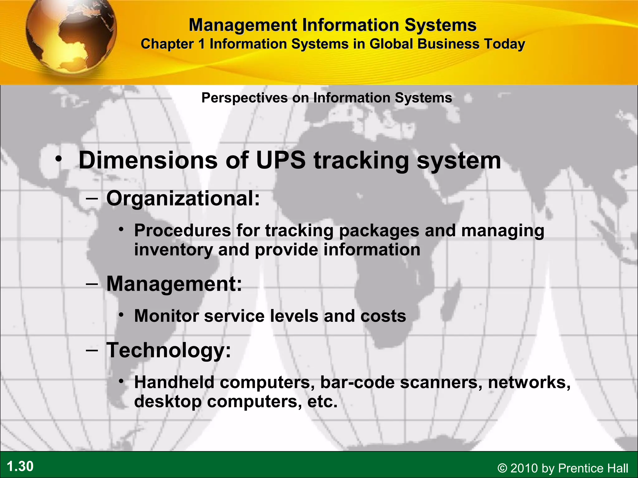 1.30 © 2010 by Prentice Hall
• Dimensions of UPS tracking system
– Organizational:
• Procedures for tracking packages and managing
inventory and provide information
– Management:
• Monitor service levels and costs
– Technology:
• Handheld computers, bar-code scanners, networks,
desktop computers, etc.
Perspectives on Information Systems
Management Information SystemsManagement Information Systems
Chapter 1 Information Systems in Global Business TodayChapter 1 Information Systems in Global Business Today
 