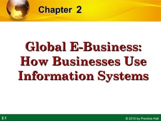 Chapter 2



       Global E-Business:
      How Businesses Use
      Information Systems


2.1                  © 2010 by Prentice Hall
 