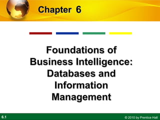 6.1 © 2010 by Prentice Hall
66ChapterChapter
Foundations ofFoundations of
Business Intelligence:Business Intelligence:
Databases andDatabases and
InformationInformation
ManagementManagement
 