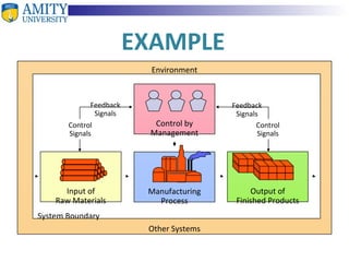 EXAMPLE Manufacturing Process Input of Raw Materials Output of Finished Products Environment Other Systems Control by Management Control Signals Control Signals Feedback Signals Feedback Signals System Boundary 