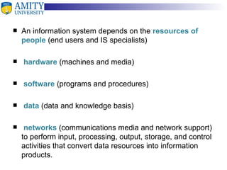 An information system depends on the  resources of people  (end users and IS specialists) hardware  (machines and media) software  (programs and procedures) data  (data and knowledge basis) networks  (communications media and network support) to perform input, processing, output, storage, and control activities that convert data resources into information products. 