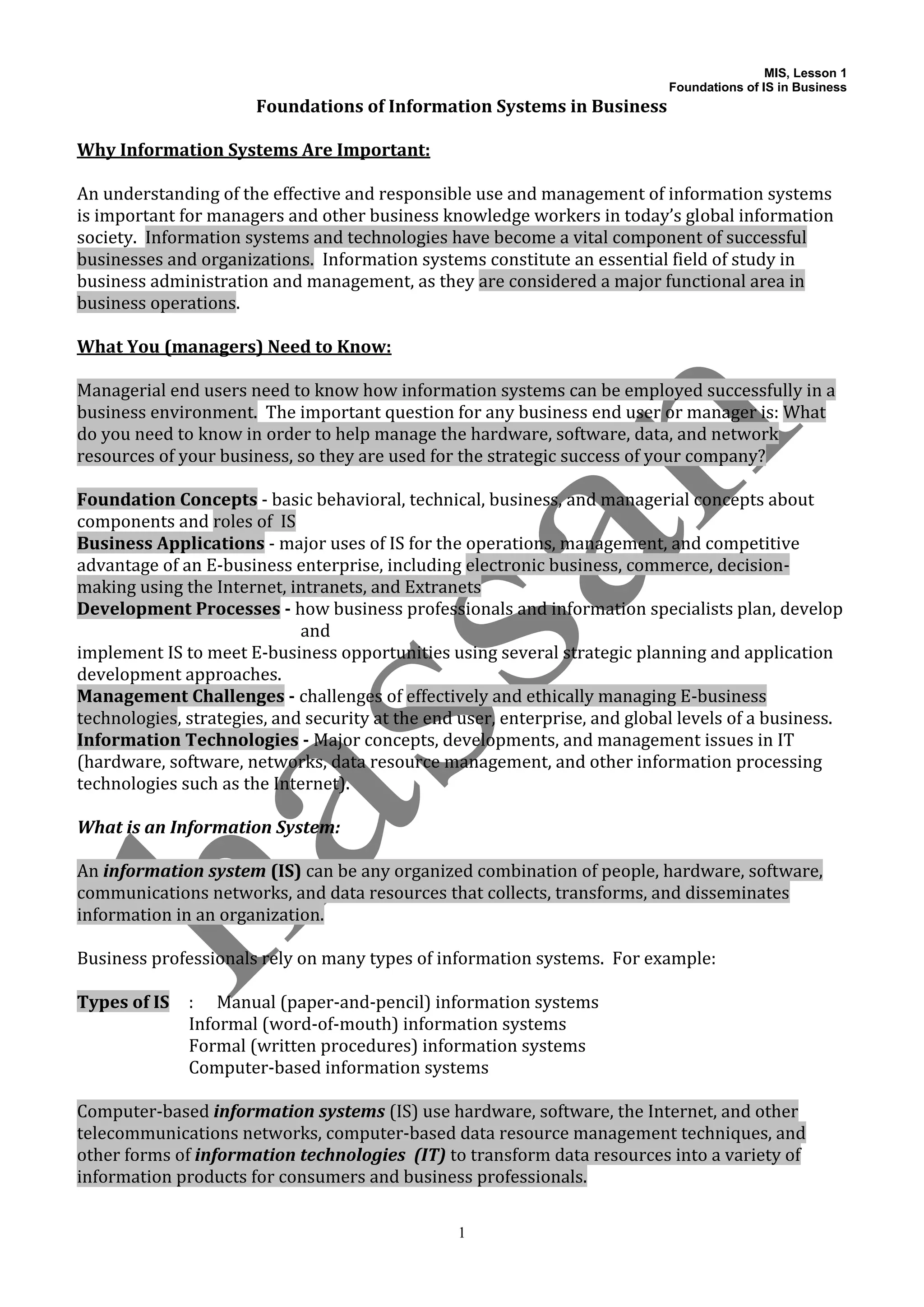 Mis 1st chapter notes foundation of is in business | PDF
