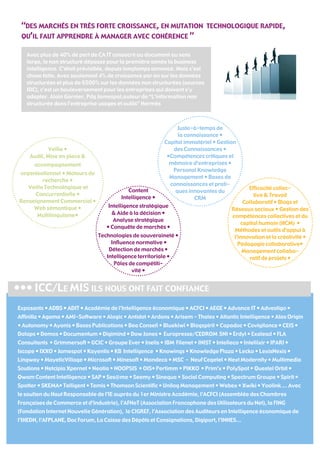 “DES MARCHÉS EN TRÈS FORTE CROISSANCE, EN MUTATION                           TECHNOLOGIQUE RAPIDE,
 QU’IL FAUT APPRENDRE À MANAGER AVEC COHÉRENCE ”

   Avec plus de 40% de part de CA IT consacré au document au sens
   large, le non structuré dépasse pour la première année la business
   intelligence. C'était prévisible, depuis longtemps annoncé. Mais c'est
   chose faite. Avec seulement 4% de croissance par an sur les données
   structurées et plus de 6500% sur les données non structurées (sources
   IDC), c'est un bouleversement pour les entreprises qui doivent s'y
   adapter. Alain Garnier, Pdg Jamespot,auteur de “L’information non
   structurée dans l’entreprise usages et outils” Hermès



                                                                Juste-à-temps de
                                                                la connaissance •
                                                          Capital immatériel • Gestion
            Veille •                                          des Connaissances •
    Audit, Mise en place &                                 •Compétences critiques et
      accompagnement                                        mémoire d’entreprises •
                                                              Personal Knowledge
 organisationnel • Moteurs de
                                                            Management • Bases de
          recherche •
                                                             connaissances et prati-
    Veille Technologique et                                                                 Efficacité collec-
                                           Content             ques innovantes du
      Concurrentielle •                                                                       tive & Travail
                                        Intelligence •                CRM
 Renseignement Commercial •                                                               Collaboratif • Blogs et
      Web sémantique •            Intelligence stratégique
                                                                                     Réseaux sociaux • Gestion des
       Multilinguisme•             & Aide à la décision •
                                                                                     compétences collectives et du
                                    Analyse stratégique
                                                                                         capital humain (HCM) •
                                 • Conquête de marchés •
                                                                                      Méthodes et outils d’appui à
                              Technologies de souveraineté •                          l’innovation et la créativité •
                                   Influence normative •                                Pédagogie collaborative•
                                  Détection de marchés •                                  Management collabo-
                                 Intelligence territoriale •                                ratif de projets •
                                    Pôles de compétiti-
                                            vité •


••• ICC/LE MIS ILS NOUS ONT FAIT CONFIANCE
Exposants • ADBS • ADIT • Académie de l’Intelligence économique • ACFCI • AEGE • Advance IT • Advestigo •
Affinitiz • Agama • AMI-Software • Alogic • Antidot • Ardans • Arisem - Thales • Atlantic Intelligence • Atos Origin
• Autonomy • Ayonis • Bases Publications • Bea Conseil • Bluekiwi • Blogspirit • Capadoc • Covigilance • CEIS •
Datops • Demos • Documentum • Digimind • Dow Jones • Europresse/CEDROM SNI • Erdyl • Exalead • FLA
Consultants • Grimmersoft • GCIC • Groupe Ever • Inelis • IBM Filenet • INIST • Intelleco • Intellixir • IPARI •
Iscope • IXXO • Jamespot • Kayentis • KB Intelligence • Knowings • Knowledge Plaza • Lecko • LexisNexis •
Lingway • MayeticVillage • Microsoft • Minesoft • Mondeca • MSC - Neuf Cegetel • Next Modernity • Multimedia
Soutions • Netcipia Xpernet • Neotia • NOOPSIS • OIS• Pertimm • PIKKO • Prim’x • PolySpot • Questel Orbit •
Qwam Content Intelligence • SAP • Ses@me • Seemy • Sinequa • Social Computing • Spectrum Groupe • Spirit •
Spotter • SKEMA• Telligent • Temis • Thomson Scientific • Unilog Management • Webex • Xwiki • Yoolink ... Avec
le soutien du Haut Responsable de l’IE auprès du 1er Ministre Académie, l’ACFCI (Assemblée des Chambres
Françaises de Commerce et d’Industrie), l’AFNeT (Association Francophone des Utilisateurs du Net), la FING
(Fondation Internet Nouvelle Génération), le CIGREF, l’Association des Auditeurs en Intelligence économique de
l’IHEDN, l’AFPLANE, Doc Forum, La Caisse des Dépôts et Consignations, Digiport, l’INHES...
 