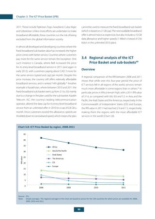 90
Chapter 3. The ICT Price Basket (IPB)
2011.These includeTajikistan,Togo, Swaziland, Cuba, Niger
andUzbekistan.Unlessmoreeffortsareundertakentomake
broadband affordable, these countries run the risk of being
excluded from the global information society.
Inalmostalldevelopedanddevelopingcountrieswherethe
fixed-broadband sub-basket value has increased, the higher
price comes with better service. Countries where customers
pay more for the same service remain the exception. One
such instance is Canada, where Bell increased the price
for its entry-level broadband service in 2011 (and again in
early 2012), with customers paying about CAD 3 more for
the same service (speed and cap) per month. Despite this
price increase, the country still offers relatively affordable
broadband services, and is ranked 14th globally.43
Another
example is Kazakhstan, where between 2010 and 2011 the
fixed-broadband sub-basket went up from 2.1 to 3.8, mainly
due to a change in the plan used for the sub-basket. Kazakh
Telecom JSC, the country’s leading telecommunication
operator, altered the data cap for its entry-level broadband
service from an unlimited offer in 2010 to a cap of 0.8 GB a
month. Once customers exceed this allowance, speeds are
throttleddowntonarrowbandspeed,whichmeanstheplan
cannotbeusedtomeasurethefixed-broadbandsub-basket
(whichisbasedona1GBcap).Thenextavailablebroadband
offer is almost twice as expensive, but also includes a 10 GB
data allowance and higher speeds (1 Mbit/s instead of 256
kbit/s in the unlimited 2010 plan).
3.4	 Regional analysis of the ICT
Price Basket and sub-baskets44
Overview
A regional comparison of the IPB between 2008 and 2011
shows that while over this four-year period the price of
ICT services fell in all regions of the world, services remain
much more affordable in some regions than in others.45
In
particular, prices in Africa remain high, with a 2011 IPB value
of 31.4, as compared with 8.8, 8.0 and 5.5 in Asia and the
Pacific, the Arab States and the Americas, respectively. In the
Commonwealth of Independent States (CIS) and Europe,
the IPB value in 2011 had reached 2.9 and 1.5, respectively,
making them the regions with the most affordable ICT
services in the world (Chart 3.8).
	
Chart 3.8: ICT Price Basket by region, 2008-2011
Source: 	ITU.
Note: 	 Simple averages. The regional averages in this chart are based on prices for the 144 countries for which prices are available for 2008,
2009, 2010 and 2011.
0
5
10
15
20
25
30
35
40
45
2008 2009 2010 2011
Africa
Asia & the Pacific
Arab States
The Americas
CIS
Europe
IPBvalue
 