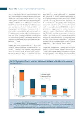 130
Chapter 4. Revenue and investment in telecommunications
	
Chart 4.2: Contribution of the ICT sector and sub-sectors to total gross value added of the economy,
latest available year
Source: 	Brazil: Porcaro and Jorge (2011); Cameroon: Nzépa, Tankeu and Esse (2011); Egypt: El-Shenawy (2011); India: Malik and Mundhe
(2011); Malaysia: Ramasamy and Ponnudurai (2011).
Note:	 National industrial classifications are not completely harmonized to the ISIC Rev. 4 or 3.1 classifications. As a result, the definitions of
the ICT sector and sub-sectors do not exactly match for all countries included in the chart. In the case of India, posts is included with
telecommunications. Other deviations are small, or lack of disaggregated data does not allow for an accurate assessment.
SincetheshareoftheICTsectorintotalbusiness-sectorgross
valueaddeddependsalsoontheoverallsizeoftheeconomy
and its diversification, other countries which also boast large
andinnovativeICTsectors,suchasJapan,theUnitedKingdom
and the United States, are not at the top of the list. However,
their ICT sector represents about 9 per cent of private-sector
gross value added, which means that its contribution is still
very significant in view of the size of their economies. On the
other hand, in countries like Mongolia and Azerbaijan, the
ICT sector represents less than 2.5 per cent of business-sector
gross value added.This suggests that the ICT contribution to
the economy could be significantly increased by developing
telecommunicationservices,whichareonlyonecomponent
of the total ICT sector.
Available data on the composition of the ICT sector show
significant differences between countries (Chart 4.2). For
instance, ICT manufacturing represents a very small share
of total value added in Brazil, Cameroon,11
Egypt12
and India.
However, in China and Malaysia it contributes more than
4 per cent of GDP (Malik and Mundhe, 2011; Ramasamy
and Ponnudurai, 2011). These differences are explained by
diverse economic structures within the ICT sector. Brazil is
a country with a huge domestic market, and a major part
of ICT manufacturing relies on the import of electronic
components and devices which are assembled for final
use in the country (Vasconcelos, 2010). Cellular telephones
generate the biggest share of telecommunication
equipment exports, and yet for every cellular telephone
exported in 2011 more than ten were sold in the domestic
market.13
Since the Brazilian ICT manufacturing sector is
geared to the assembly of electronic components, it creates
less value added than other countries which cover a larger
segment of the value chain and are much more focused on
the export of ICT devices, such as Malaysia (Box 4.1).
On the other hand, Brazil has a relatively large ICT service
sector (i.e. computer services and telecommunications in
Chart4.2)whichbenefitsfromthecompetitiveadvantageof
having a big internal market. In Egypt, telecommunications
0
1
2
3
4
5
6
7
8
9
10
Malaysia (2007) India (2007) Egypt (2009) Brazil (2007) Cameroon (2009)
Computer services
Telecommunications
ICT manufacturing
%oftotalgrossvalueadded
 