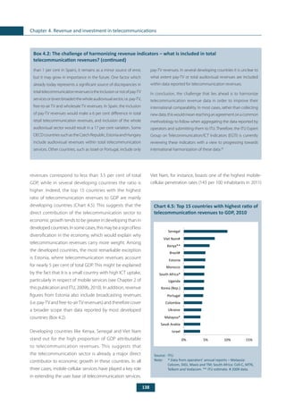 138
Chapter 4. Revenue and investment in telecommunications
	
Box 4.2: The challenge of harmonizing revenue indicators – what is included in total
telecommunication revenues? (continued)
than 1 per cent in Spain), it remains as a minor source of error,
but it may grow in importance in the future. One factor which
already today represents a significant source of discrepancies in
totaltelecommunicationrevenuesistheinclusionornotofpay-TV
servicesor(evenbroader)thewholeaudiovisualsector,i.e.pay-TV,
free-to-air TV and wholesale TV revenues. In Spain, the inclusion
of pay-TV revenues would make a 6 per cent difference in total
retail telecommunication revenues, and inclusion of the whole
audiovisual sector would result in a 17 per cent variation. Some
OECDcountriessuchastheCzechRepublic,EstoniaandHungary
include audiovisual revenues within total telecommunication
services. Other countries, such as Israel or Portugal, include only
pay-TV revenues. In several developing countries it is unclear to
what extent pay-TV or total audiovisual revenues are included
within data reported for telecommunication revenues.
In conclusion, the challenge that lies ahead is to harmonize
telecommunication revenue data in order to improve their
international comparability. In most cases, rather than collecting
newdata,thiswouldmeanreachinganagreementonacommon
methodology to follow when aggregating the data reported by
operators and submitting them to ITU. Therefore, the ITU Expert
Group on Telecommunication/ICT Indicators (EGTI) is currently
reviewing these indicators with a view to progressing towards
international harmonization of these data.20
revenues correspond to less than 3.5 per cent of total
GDP, while in several developing countries the ratio is
higher. Indeed, the top 15 countries with the highest
ratio of telecommunication revenues to GDP are mainly
developing countries (Chart 4.5). This suggests that the
direct contribution of the telecommunication sector to
economic growth tends to be greater in developing than in
developedcountries.Insomecases,thismaybeasignofless
diversification in the economy, which would explain why
telecommunication revenues carry more weight. Among
the developed countries, the most remarkable exception
is Estonia, where telecommunication revenues account
for nearly 5 per cent of total GDP. This might be explained
by the fact that it is a small country with high ICT uptake,
particularly in respect of mobile services (see Chapter 2 of
this publication and ITU, 2009b, 2010). In addition, revenue
figures from Estonia also include broadcasting revenues
(i.e. pay-TV and free-to-airTV revenues) and therefore cover
a broader scope than data reported by most developed
countries (Box 4.2).
Developing countries like Kenya, Senegal and Viet Nam
stand out for the high proportion of GDP attributable
to telecommunication revenues. This suggests that
the telecommunication sector is already a major direct
contributor to economic growth in these countries. In all
three cases, mobile-cellular services have played a key role
in extending the user base of telecommunication services.
	
Chart 4.5: Top 15 countries with highest ratio of
telecommunication revenues to GDP, 2010
Source: 	ITU.
Note: 	 * Data from operators’ annual reports – Malaysia:
Celcom, DiGi, Maxis and TM; South Africa: Cell-C, MTN,
Telkom and Vodacom. ** ITU estimate. # 2009 data.
0% 5% 10% 15%
Israel
Saudi Arabia
Malaysia*
Ukraine
Colombia
Portugal
Korea (Rep.)
Uganda
South Africa*
Morocco
Estonia
Brazil#
Kenya**
Viet Nam#
Senegal
Viet Nam, for instance, boasts one of the highest mobile-
cellular penetration rates (143 per 100 inhabitants in 2011)
 