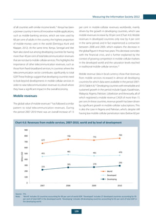 139
Measuring the Information Society 2012
	
Chart 4.6: Revenues from mobile services, 2007-2010, world and by level of development
Source: 	ITU.
Note: 	 ‘World’ includes 55 countries accounting for 90 per cent of world GDP. ‘Developed’ includes 27 developed countries accounting for 95
per cent of total GDP in the developed world. ‘Developing’ includes 28 developing countries accounting for 81 per cent of total GDP in
the developing world.
677
746 731
763
451
481
461 470
225
265 270
293
0
100
200
300
400
500
600
700
800
900
2007 2008 2009 2010
World
Developed
Developing
BillionUSD
of all countries with similar income levels.21
Kenya has been
apioneercountryintermsofinnovativemobileapplications,
such as mobile-banking services, which are now used by
68 per cent of adults in the country, the highest proportion
of mobile-money users in the world (Demirguc-Kunt and
Klapper, 2012). At the same time, Kenya, Senegal and Viet
Nam also stand out among developing countries for having
more than 40 per cent of total telecommunication revenues
thatarenotduetomobile-cellularservices.Thishighlightsthe
importance of other telecommunication revenues, such as
those from fixed-broadband services, in countries where the
telecommunication sector contributes significantly to total
GDP.These findings suggest that developing countries need
to look beyond developments in mobile-cellular services in
order to raise telecommunication revenues to a level where
they have a significant impact in the overall economy.
Mobile revenues
The global value of mobile revenues22
has followed a similar
pattern to total telecommunication revenues. During
the period 2007-2010 there was an overall increase of 13
per cent in mobile-cellular revenues worldwide, mainly
driven by the growth in developing countries, which saw
mobile revenues increase by 30 per cent (Chart 4.6). Mobile
revenues in developed countries only rose by 4 per cent
in the same period, and in fact experienced a contraction
between 2008 and 2009, which explains the decrease in
the global figure in those two years.This decrease coincides
with the financial crisis, and is further explained by the
context of growing competition in mobile-cellular markets
in the developed world and the saturation levels reached
in traditional mobile-cellular services.23
Mobile revenue data in local currency show that revenues
from mobile services increased in almost all developing
countries for which data were available in the period 2007-
2010(Table4.4).24
Developingcountrieswithremarkableand
sustained growth in the period include Egypt, Kazakhstan,
Malaysia, Nigeria, Pakistan, Uzbekistan andVenezuela, all of
which registered a mobile revenue CAGR of more than 15
percent.Inthesecountries,revenuegrowthhasbeendriven
by significant growth in mobile-cellular subscriptions. This
is also the case in Nigeria and Pakistan, which, despite still
having low mobile-cellular penetration rates (below 60 per
 