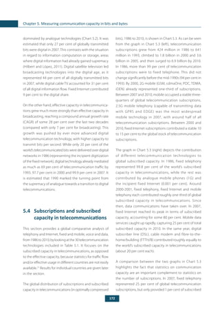 172
Chapter 5. Measuring communication capacity in bits and bytes
dominated by analogue technologies (Chart 5.2). It was
estimated that only 27 per cent of globally transmitted
bits were digital in 2007. This contrasts with the situation
in regard to information computation or storage, areas
where digital information had already gained supremacy
(Hilbert and López, 2011). Digital satellite television led
broadcasting technologies into the digital age, as it
represented 44 per cent of all digitally transmitted bits
in 2007, while digital cable TV accounted for 31 per cent
of all digital information flow. Fixed Internet contributed
9 per cent to the digital share.
On the other hand, effective capacity in telecommunica-
tions grew much more strongly than effective capacity in
broadcasting, reaching a compound annual growth rate
(CAGR) of some 28 per cent over the last two decades
(compared with only 7 per cent for broadcasting). This
growth was pushed by ever more advanced digital
telecommunication technology, with higher capacity to
transmit bits per second. While only 20 per cent of the
world’s telecommunicated bits were delivered over digital
networks in 1986 (representing the incipient digitization
of the fixed network), digital technology already mediated
as much as 69 per cent of telecommunication traffic by
1993, 97.7 per cent in 2000 and 99.9 per cent in 2007. It
is estimated that 1990 marked the turning point from
the supremacy of analogue towards a transition to digital
telecommunications.
5.4	 Subscriptions and subscribed
capacity in telecommunications
This section provides a global comparative analysis of
telephony and Internet, fixed and mobile, voice and data,
from1986to2010,bylookingatthe30telecommunication
technologies included in Table 5.1. It focuses on the
subscribed capacity in telecommunications, as opposed
to the effective capacity, because statistics for traffic flow
and/or effective usage in different countries are not easily
available.21
Results for individual countries are given later
in the section.
The global distribution of subscriptions and subscribed
capacity in telecommunications (in optimally compressed
bits), 1986 to 2010, is shown in Chart 5.3. As can be seen
from the graph in Chart 5.3 (left), telecommunication
subscriptions grew from 424 million in 1986 to 641
million in 1993, climbed to 1.8 billion in 2000 and 3.6
billion in 2005, and then surged to 6.9 billion by 2010.
In 1986, more than 99 per cent of telecommunication
subscriptions were to fixed telephone. This did not
change significantly before the mid-1990s (94 per cent in
1993). By 2000, 2G mobile (GSM, cdmaOne, PDC, TDMA,
iDEN) already represented one-third of subscriptions.
Between 2007 and 2010, mobile occupied a stable three-
quarters of global telecommunication subscriptions.
2.5G mobile telephony (capable of transmitting data
with GPRS and EDGE) was the most widespread
mobile technology in 2007, with around half of all
telecommunication subscriptions. Between 2000 and
2010, fixed Internet subscriptions contributed a stable 10
to 15 per cent to the global stock of telecommunication
subscriptions.
The graph in Chart 5.3 (right) depicts the contribution
of different telecommunication technologies to
global subscribed capacity. In 1986, fixed telephony
represented 99.8 per cent of the world’s subscribed
capacity in telecommunications, while the rest was
contributed by analogue mobile phones (1G) and
the incipient fixed Internet (0.001 per cent). Around
2000-2001, fixed telephony, fixed Internet and mobile
telephony each contributed roughly one-third of global
subscribed capacity in telecommunications. Since
then, data communications have taken over. In 2007,
fixed Internet reached its peak in terms of subscribed
capacity, accounting for some 80 per cent. Mobile data
services caught up rapidly, capturing 25 per cent of total
subscribed capacity in 2010. In the same year, digital
subscriber line (DSL), cable modem and fibre-to-the-
home/building (FTTH/B) contributed roughly equally to
the world’s subscribed capacity in telecommunications
(about 20 per cent each).
A comparison between the two graphs in Chart 5.3
highlights the fact that statistics on communication
capacity are an important complement to statistics on
the number of subscriptions. In 2007, fixed telephony
represented 25 per cent of global telecommunication
subscriptions, but only provided 1 per cent of subscribed
 
