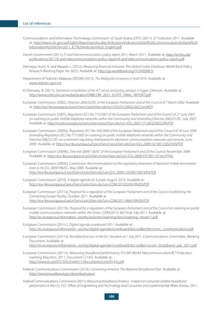 186
List of references
Communications and Information Technology Commission of Saudi Arabia (CITC) (2011), ICT indicators 2011. Available
at: http://www.citc.gov.sa/English/Reportsandstudies/Indicators/Indicators%20of%20Communications%20and%20
Information%20Techn/2011_ICT%20Indicators%20_English.pdf.
Danish Government (2011), IT and telecommunications policy report 2011, March 2011. Available at: http://en.fivu.dk/
publications/2011/it-and-telecommunications-policy-report/it-and-telecommunications-policy-report.pdf.
Demirguc-Kunt, A. and Klapper, L. (2012), Measuring financial inclusion: The Global Findex Database, World Bank Policy
Research Working Paper No. 6025. Available at: http://go.worldbank.org/1F2V9ZK8C0.
Department of Statistics Malaysia (DOSM) (2012), The Malaysian economy in brief 2010. Available at:
www.statistics.gov.my.
El-Shenawy, N. (2011), Statistical compilation of the ICT sector and policy analysis in Egypt, Orbicom. Available at:
http://www.orbicom.ca/media/projets/ORBICOM_2011_EGYPT_FINAL_REPORT.pdf.
European Commission (2002), Directive 2002/22/EC of the European Parliament and of the Council of 7 March 2002. Available
at: http://eur-lex.europa.eu/LexUriServ/LexUriServ.do?uri=CELEX:32002L0022:en:NOT.
European Commission (2007), Regulation (EC) No 717/2007 of the European Parliament and of the Council of 27 June 2007
on roaming on public mobile telephone networks within the Community and amending Directive 2002/21/EC, July 2007.
Available at: http://eurlex.europa.eu/LexUriServ/LexUriServ.do?uri=OJ:L:2007:171:0032:0032:EN:PDF.
European Commission (2009a), Regulation (EC) No 544/2009 of the European Parliament and of the Council of 18 June 2009
amending Regulation (EC) No 717/2007 on roaming on public mobile telephone networks within the Community and
Directive 2002/21/EC on a common regulatory framework for electronic communications networks and services, June
2009. Available at: http://eur-lex.europa.eu/LexUriServ/LexUriServ.do?uri=OJ:L:2009:167:0012:0023:EN:PDF.
European Commission (2009b), Directive 2009/136/EC of the European Parliament and of the Council, November 2009.
Available at: http://eur-lex.europa.eu/LexUriServ/LexUriServ.do?uri=OJ:L:2009:337:0011:01:en:HTML.
European Commission (2009c), Commission Recommendation on the regulatory treatment of fixed and mobile termination
rates in the EU, 2009/396/EC, May 2009. Available at:
http://eur-lex.europa.eu/LexUriServ/LexUriServ.do?uri=OJ:L:2009:124:0067:0074:EN:PDF.
European Commission (2010), A digital agenda for Europe, August 2010. Available at:
http://eur-lex.europa.eu/LexUriServ/LexUriServ.do?uri=COM:2010:0245:FIN:EN:PDF.
European Commission (2011a), Proposal for a regulation of the European Parliament and of the Council establishing the
Connecting Europe Facility, October 2011. Available at:
http://eur-lex.europa.eu/LexUriServ/LexUriServ.do?uri=COM:2011:0665:FIN:EN:PDF.
European Commission (2011b), Proposal for a regulation of the European Parliament and of the Council on roaming on public
mobile communications networks within the Union, COM(2011) 402 final, July 2011. Available at:
http://ec.europa.eu/information_society/activities/roaming/docs/roaming_recast11.pdf.
European Commission (2011c), Digital agenda scoreboard 2011. Available at:
http://ec.europa.eu/information_society/digital-agenda/scoreboard/docs/pillar/electronic_communications.pdf.
European Commission (2011d), Broadband access in the EU: Situation at 1 July 2011, Communications Committee, Working
Document. Available at:
http://ec.europa.eu/information_society/digital-agenda/scoreboard/docs/pillar/cocom_broadband_july_2011.pdf.
European Commission (2011e), Measuring broadband performance, ITU 9th World Telecommunication/ICT Indicators
meeting, Mauritius, 2011, Document C/14-E. Available at:
http://www.itu.int/ITU-D/ict/wtim11/documents/cont/014-E.pdf.
Federal Communications Commission (2010), Connecting America: The National Broadband Plan. Available at:
http://www.broadband.gov/download-plan/.
Federal Communications Commission (2011), MeasuringbroadbandAmerica-Areportonconsumerwirelinebroadband
performanceintheU.S., FCC Office of Engineering andTechnology and Consumer and Governmental Affairs Bureau, 2011.
 