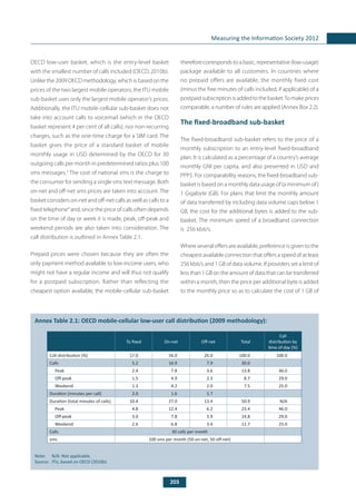 203
Measuring the Information Society 2012
OECD low-user basket, which is the entry-level basket
with the smallest number of calls included (OECD, 2010b).
Unlike the 2009 OECD methodology, which is based on the
prices of the two largest mobile operators, the ITU mobile
sub-basket uses only the largest mobile operator’s prices.
Additionally, the ITU mobile-cellular sub-basket does not
take into account calls to voicemail (which in the OECD
basket represent 4 per cent of all calls), nor non-recurring
charges, such as the one-time charge for a SIM card. The
basket gives the price of a standard basket of mobile
monthly usage in USD determined by the OECD for 30
outgoing calls per month in predetermined ratios plus 100
sms messages.3
The cost of national sms is the charge to
the consumer for sending a single sms text message. Both
on-net and off-net sms prices are taken into account. The
basket considers on-net and off-net calls as well as calls to a
fixed telephone4
and, since the price of calls often depends
on the time of day or week it is made, peak, off-peak and
weekend periods are also taken into consideration. The
call distribution is outlined in Annex Table 2.1.
Prepaid prices were chosen because they are often the
only payment method available to low-income users, who
might not have a regular income and will thus not qualify
for a postpaid subscription. Rather than reflecting the
cheapest option available, the mobile-cellular sub-basket
therefore corresponds to a basic, representative (low-usage)
package available to all customers. In countries where
no prepaid offers are available, the monthly fixed cost
(minus the free minutes of calls included, if applicable) of a
postpaid subscription is added to the basket.To make prices
comparable, a number of rules are applied (Annex Box 2.2).
The fixed-broadband sub-basket
The fixed-broadband sub-basket refers to the price of a
monthly subscription to an entry-level fixed-broadband
plan. It is calculated as a percentage of a country’s average
monthly GNI per capita, and also presented in USD and
PPP$. For comparability reasons, the fixed-broadband sub-
basket is based on a monthly data usage of (a minimum of)
1 Gigabyte (GB). For plans that limit the monthly amount
of data transferred by including data volume caps below 1
GB, the cost for the additional bytes is added to the sub-
basket. The minimum speed of a broadband connection
is 256 kbit/s.
Where several offers are available, preference is given to the
cheapest available connection that offers a speed of at least
256 kbit/s and 1 GB of data volume. If providers set a limit of
less than 1 GB on the amount of data that can be transferred
within a month, then the price per additional byte is added
to the monthly price so as to calculate the cost of 1 GB of
	
Annex Table 2.1: OECD mobile-cellular low-user call distribution (2009 methodology):
Note:	 N/A: Not applicable. ­
Source: 	ITU, based on OECD (2010b).
To fixed On-net Off-net Total
Call
distribution by
time of day (%)
Call distribution (%) 17.0 56.0 26.0 100.0 100.0
Calls 5.2 16.9 7.9 30.0
Peak 2.4 7.8 3.6 13.8 46.0
Off-peak 1.5 4.9 2.3 8.7 29.0
Weekend 1.3 4.2 2.0 7.5 25.0
Duration (minutes per call) 2.0 1.6 1.7
Duration (total minutes of calls) 10.4 27.0 13.4 50.9 N/A
Peak 4.8 12.4 6.2 23.4 46.0
Off-peak 3.0 7.8 3.9 14.8 29.0
Weekend 2.6 6.8 3.4 12.7 25.0
Calls 30 calls per month
sms 100 sms per month (50 on-net, 50 off-net)
 