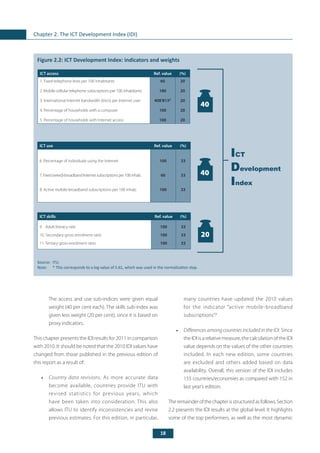 18
Chapter 2. The ICT Development Index (IDI)
The access and use sub-indices were given equal
weight (40 per cent each). The skills sub-index was
given less weight (20 per cent), since it is based on
proxy indicators.
This chapter presents the IDI results for 2011 in comparison
with 2010. It should be noted that the 2010 IDI values have
changed from those published in the previous edition of
this report as a result of:
•	 Country data revisions. As more accurate data
become available, countries provide ITU with
revised statistics for previous years, which
have been taken into consideration. This also
allows ITU to identify inconsistencies and revise
previous estimates. For this edition, in particular,
	
ICT access Ref. value (%)
1. Fixed-telephone lines per 100 inhabitants
2. Mobile-cellular telephone subscriptions per 100 inhabitants
3. International Internet bandwidth (bit/s) per Internet user
4. Percentage of households with a computer
5. Percentage of households with Internet access
60
180
408’813*
100
100
20
20
20
20
20
ICT use Ref. value (%)
6. Percentage of individuals using the Internet
7. Fixed (wired)-broadband Internet subscriptions per 100 inhab.
8. Active mobile-broadband subscriptions per 100 inhab.
100
60
100
33
33
33
ICT skills Ref. value (%)
9. Adult literacy rate
10. Secondary gross enrolment ratio
11. Tertiary gross enrolment ratio
100
100
100
33
33
33
ICT
Development
Index
40
40
20
Figure 2.2: ICT Development Index: indicators and weights
Source: 	ITU.
Note:	 * This corresponds to a log value of 5.61, which was used in the normalization step.
many countries have updated the 2010 values
for the indicator “active mobile-broadband
subscriptions”.8
•	 Differences among countries included in the IDI. Since
the IDI is a relative measure, the calculation of the IDI
value depends on the values of the other countries
included. In each new edition, some countries
are excluded and others added based on data
availability. Overall, this version of the IDI includes
155 countries/economies as compared with 152 in
last year’s edition.
Theremainderofthechapterisstructuredasfollows.Section
2.2 presents the IDI results at the global level. It highlights
some of the top performers, as well as the most dynamic
 
