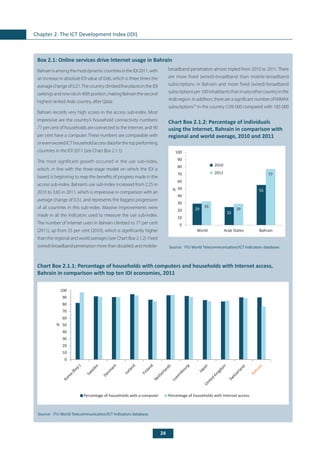 24
Chapter 2. The ICT Development Index (IDI)
	
Box 2.1: Online services drive Internet usage in Bahrain
BahrainisamongthemostdynamiccountriesintheIDI2011,with
an increase in absolute IDI value of 0.66, which is three times the
averagechangeof0.21.ThecountryclimbedfiveplacesintheIDI
rankingsandnowsitsin40thposition,makingBahrainthesecond
highest ranked Arab country, after Qatar.
Bahrain records very high scores in the access sub-index. Most
impressive are the country’s household connectivity numbers:
77 per cent of households are connected to the Internet, and 90
per cent have a computer. These numbers are comparable with
orevenexceedICThouseholdaccessdataforthetopperforming
countries in the IDI 2011 (see Chart Box 2.1.1).
The most significant growth occurred in the use sub-index,
which, in line with the three-stage model on which the IDI is
based, is beginning to reap the benefits of progress made in the
access sub-index. Bahrain’s use sub-index increased from 2.25 in
2010 to 3.65 in 2011, which is impressive in comparison with an
average change of 0.31, and represents the biggest progression
of all countries in this sub-index. Massive improvements were
made in all the indicators used to measure the use sub-index.
The number of Internet users in Bahrain climbed to 77 per cent
(2011), up from 55 per cent (2010), which is significantly higher
than the regional and world averages (see Chart Box 2.1.2). Fixed
(wired)-broadband penetration more than doubled, and mobile-
Chart Box 2.1.1: Percentage of households with computers and households with Internet access,
Bahrain in comparison with top ten IDI economies, 2011
Source: 	ITU World Telecommunication/ICT Indicators database.
Percentage of households with a computer Percentage of households with Internet access
%
0
10
20
30
40
50
60
70
80
90
100
Sw
itzerland
Source: 	ITU World Telecommunication/ICT Indicators database.
Chart Box 2.1.2: Percentage of individuals
using the Internet, Bahrain in comparison with
regional and world average, 2010 and 2011
29
25
55
33
29
77
0
10
20
30
40
50
60
70
80
90
100
World Arab States Bahrain
%
2010
2011
broadband penetration almost tripled from 2010 to 2011. There
are more fixed (wired)-broadband than mobile-broadband
subscriptions in Bahrain and more fixed (wired)-broadband
subscriptionsper100inhabitantsthaninanyothercountryinthe
Arab region. In addition, there are a significant number ofWiMAX
subscriptions18
in the country (109 000 compared with 183 000
 