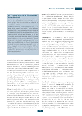 25
Measuring the Information Society 2012
It moved up five places, with an IDI value change of 0.66,
more than three times the average global IDI change.While
thecountry’srankinginboththeaccessandusesub-indices
improved, it is in the use sub-index that the progression is
most evident, with fixed (wired)-broadband and mobile-
broadband penetration more than doubling between 2010
and 2011. It is noteworthy that in Bahrain, fixed (wired)-
broadband penetration, at 14 per cent, is higher than
mobile-broadbandpenetration,whichstandsat10percent.
Bahrain’s fixed (wired)-broadband penetration rate is by far
the highest in the Arab region. Furthermore, 77 per cent of
the population is using the Internet, a remarkable increase
from 55 per cent in 2010 (see Box 2.1).
Belarus increased its IDI by 0.49 from 2010 to 2011, rising to
46th place in the IDI 2011 rankings. Growth rates are highest
on the use sub-index indicators, although the access sub-
index also shows improvements. In particular, the country’s
relatively high fixed (wired)-broadband penetration rate
is worth highlighting. With a fixed (wired)-broadband
penetration of 22 per cent, Belarus is far ahead of other
CIS countries. Mobile-broadband penetration continues
to grow, too, and the Ministry of Communications plans to
expand broadband further in cities and rural areas.20
Brazil moved up seven places in the IDI between 2010 and
2011, to 60th, with an increase in IDI of 0.54. Major progress
has been made in both the access and use sub-indices.The
indicators of households with a computer and with Internet
access increased by around ten percentage points each
from 2010 to 2011. Mobile-cellular subscriptions continue
to grow. The rise in mobile-broadband uptake is clearly
outstanding: penetration doubled between 2010 and 2011,
and now stands at 21 per cent, the highest in Latin America
(see Box 2.2).22
Costa Rica ranks 71st in the IDI 2011, with an increase
of 0.43 in its IDI, one of the largest absolute increases
and more than twice the global average change. The
access sub-index grew most, mainly thanks to a steep
increase in the percentage of households with Internet
access. Most remarkable is the increase in the country’s
mobile-cellular penetration, from 65 per cent in 2010 to
92 per cent in 2011. For a long time, Costa Rica had been
lagging behind other Latin American countries in terms of
mobile-cellular uptake, but it has now caught up. During
the past year, the country experienced major alterations
in its telecommunication landscape: in the run-up to
the liberalization of the telecommunication market in
late 2011, incumbent ICE introduced prepaid mobile-
cellular offers in 201031
and two new mobile operators32
started business in November 2011. These developments
could herald future increases in the index. For the time
being, mobile-broadband penetration remains minimal,
at around 2 per cent, but new entrants are expected to
accelerate 3G roll-out.
One of the few developed countries among the most
dynamic IDI countries is Estonia, which increased its IDI
by 0.45 points and now sits in 24th place in the IDI 2011
rankings. Both the access and use sub-indices progressed,
with the most dynamic change occurring in the latter. Like
in many other economies, it is primarily a strong increase in
mobile-broadband subscriptions that is responsible for the
impressive growth in the use sub-index. Mobile-broadband
penetration went up from 24 per cent in 2010 to 42 per
cent in 2011, which is the highest of all Baltic countries.
Estonia has long been at the forefront of information society
developments, offering e-services to its citizens in many
areas, including e-voting, e-health and e-taxation.33
	
Box 2.1: Online services drive Internet usage in
Bahrain (continued)
fixed (wired)-broadband subscriptions). Looking at the high
access sub-index value, further increases in ICT usage may be
expected in the country.
The Bahraini government has made extensive use of ICTs to
deliver services to the country’s around 1 million inhabitants
and involve them in decision-making. Bahrain ranks way above
theglobalaverageontheUNe-governmentande-participation
index, although its absolute value declined in the last year.
Furthermore, Bahrain is the subregional19
leader on the online
service index (UNPAN, 2012). In its e-government strategy,
Bahrain puts an emphasis on providing key services online.
Today, more than 200 services are offered online, including
services for residents to pay utility bills and traffic fines or for
visitors to apply for tourist visas online (Kingdom of Bahrain,
2012). Many of these services, such as driving licence renewals
or information about student exam results, are available as
mobile-phone applications. 20
 